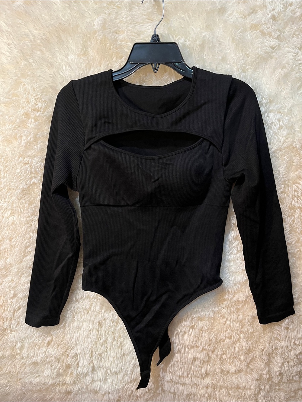 Black Long-Sleeve Cutout Ribbed Bodysuit - Women Tops
